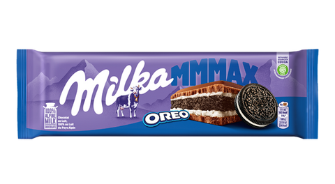 Milka Oreo MMMMAX chocolate bar packaging on a white background