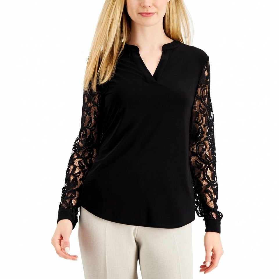 Kasper Women's Black Lace On The Sleeves Long-Sleeve Blouse