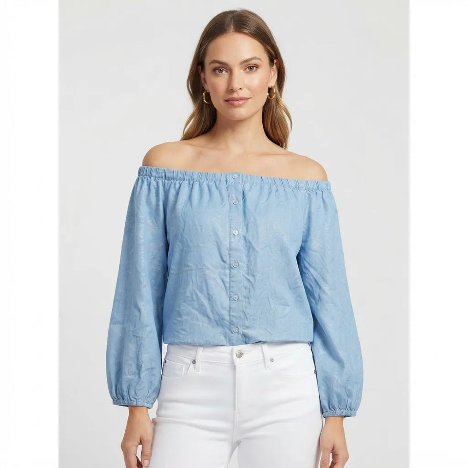 Vince Camuto Women's Light Blue Off-Shoulder Long-Sleeve Shirt