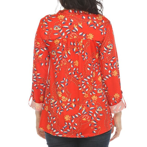 White Mark Women's Red Floral Button Front   Blouse  |White Mark   in Lebanon