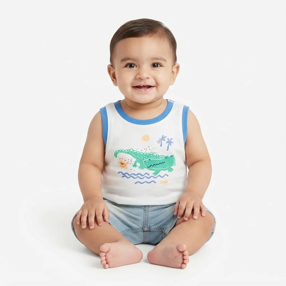 First Impression Baby Boy's White Colorful Graphic Tank Top