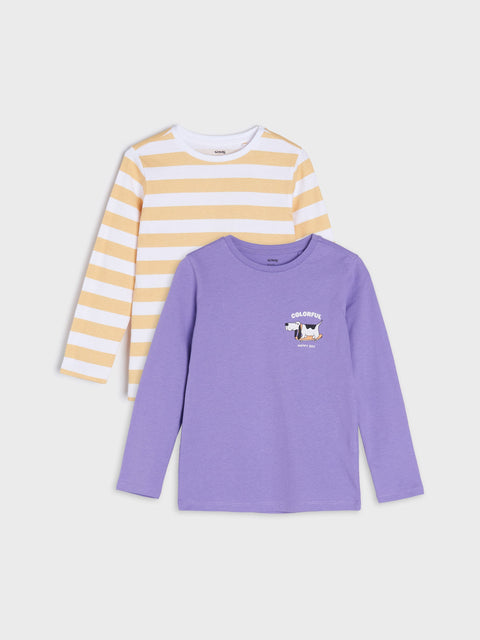 Two long-sleeve shirts, one striped yellow and white, the other purple with a dog graphic, on a light gray background.