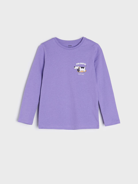 Purple long-sleeve shirt with a graphic on a light gray background