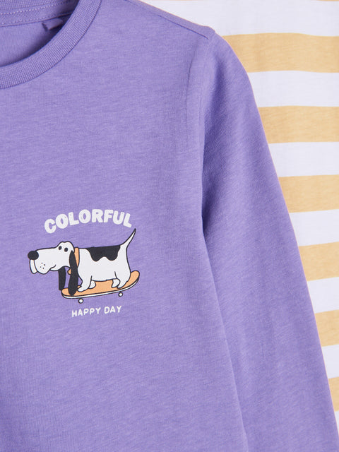 Purple sweatshirt with a dog graphic and 'Colorful Happy Day' text on a striped background