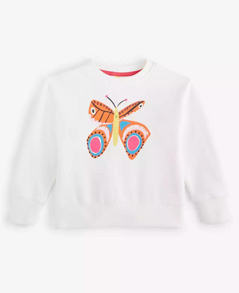 White sweatshirt with a colorful butterfly design on a white background
