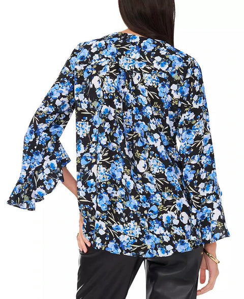 Vince Camuto Women's Black & Blue Floral V-Neck 3/4-Flutter-Sleeve Blouse | Vince Camuto In Lebanon