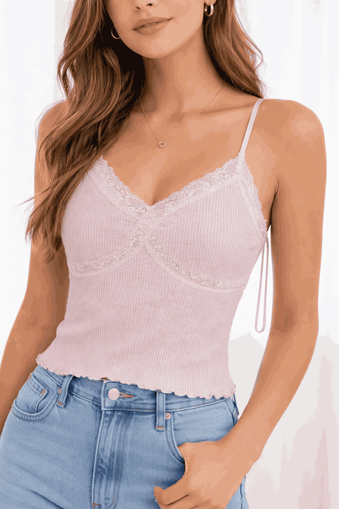 Hippie Rose Women's Barely Violet  Ribbed Knit Seamless Lace-Trim Tank Top  |  Hippie Rose in Lebanon