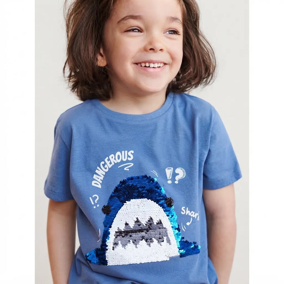 Sinsay Boys Blue Sequin Shark Graphic Crew Neckline T-Shirt
