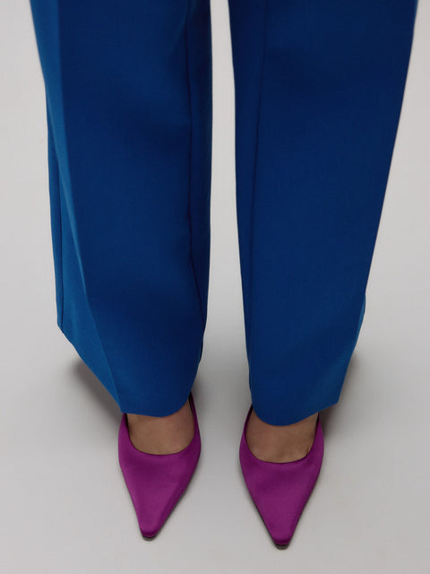 Blue pants with purple pointed shoes on a white background
