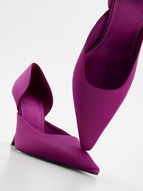 Purple high-heeled shoes on a white background
