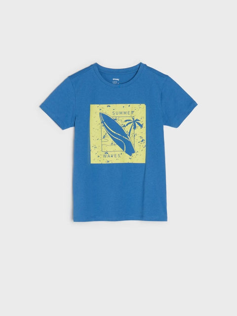 Blue t-shirt with a yellow graphic on a light gray background