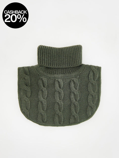 Green knitted pet sweater with cable pattern on a white background
