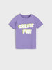 Purple t-shirt with 'CREATE FUN' text on a light gray background