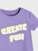 Purple t-shirt with 'CREATE FUN' text on a white background