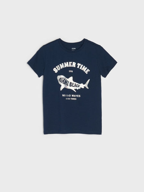 Navy blue short-sleeve t-shirt with text and graphic print on the front.