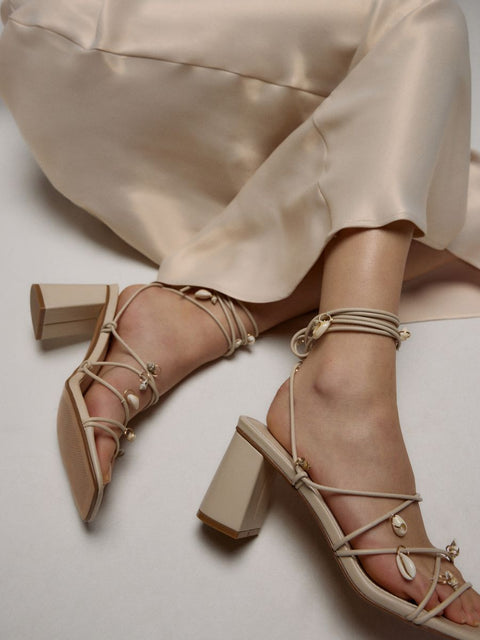 Reserved Women's Beige Strappy Shell Details Heeled Sandal |Reserved In Lebanon