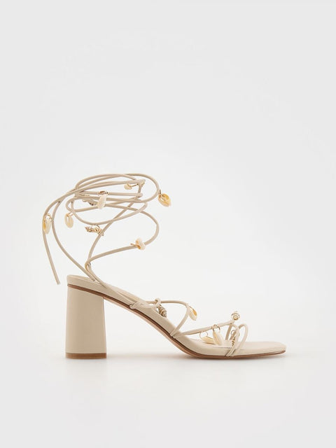 Reserved Women's Beige Strappy Shell Details Heeled Sandal |Reserved In Lebanon
