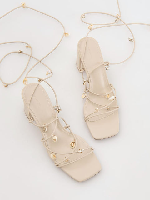 Reserved Women's Beige Strappy Shell Details Heeled Sandal |Reserved In Lebanon