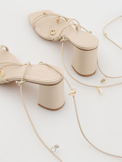 Reserved Women's Beige Strappy Shell Details Heeled Sandal |Reserved In Lebanon