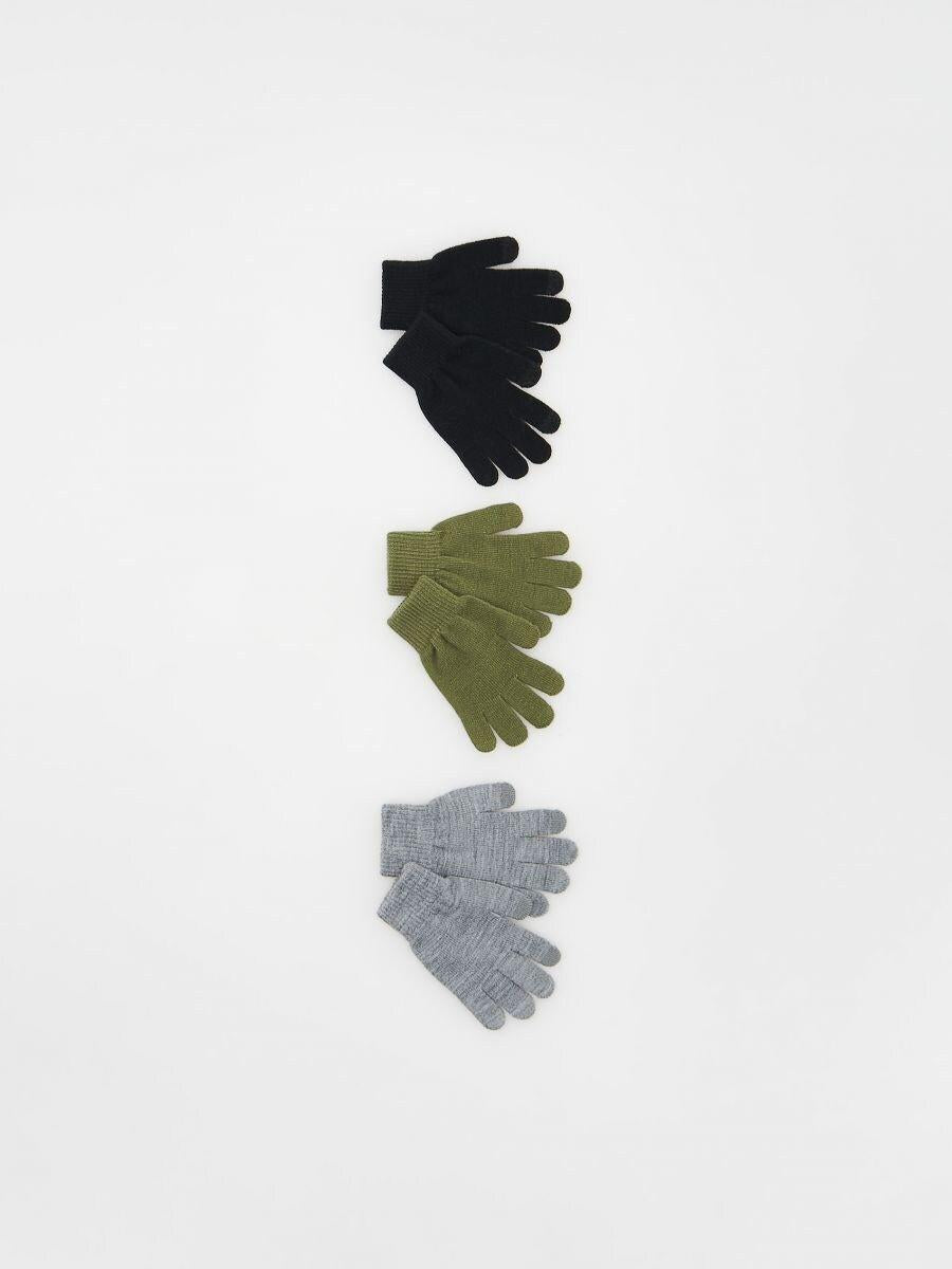 Three pairs of gloves in black, green, and gray on a white background