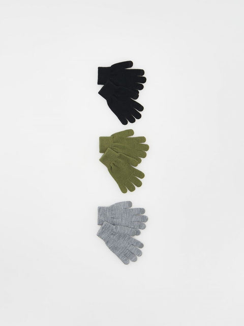 Three pairs of gloves in black, green, and gray on a white background