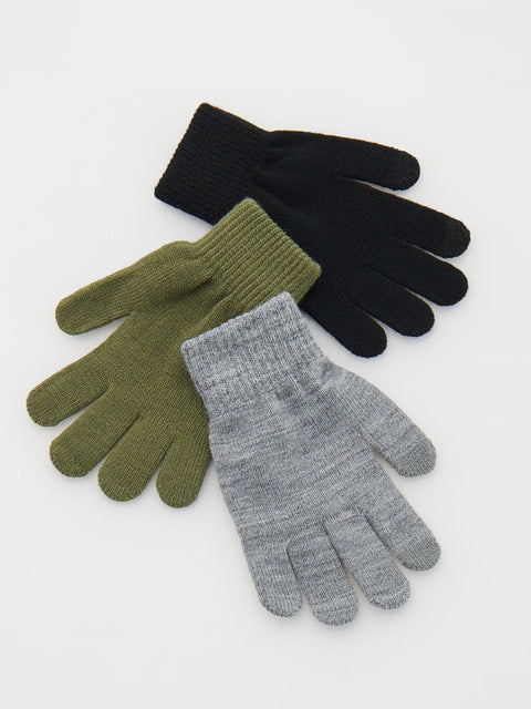 Three pairs of gloves in black, green, and gray on a white background