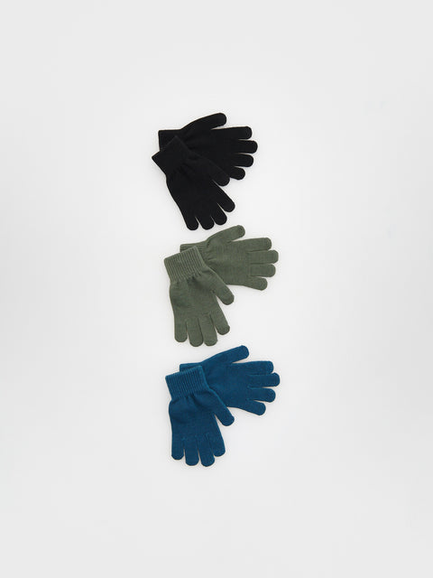 Three pairs of gloves in black, green, and blue on a white background