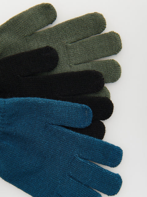Pair of gloves in green, black, and blue on a white background