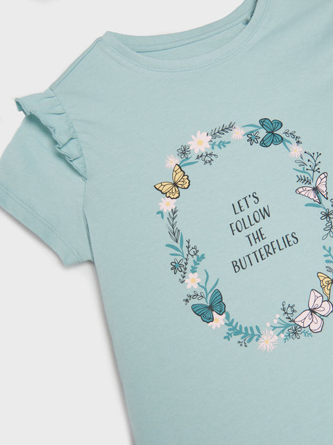 Sinsay Girl's Pale Green Ruffled At Shoulders T-Shirt | Sinsay In Lebanon