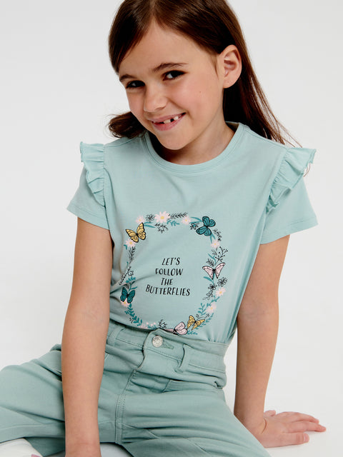 Sinsay Girl's Pale Green Ruffled At Shoulders T-Shirt | Sinsay In Lebanon