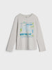 Gray long-sleeve shirt with colorful graphic design on a white background
