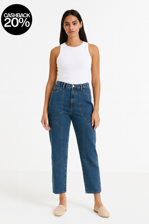 Forever 21 Women's Dark Blue Cargo Relaxed Fit Straight Leg Jeans | Forever 21 In Lebanon