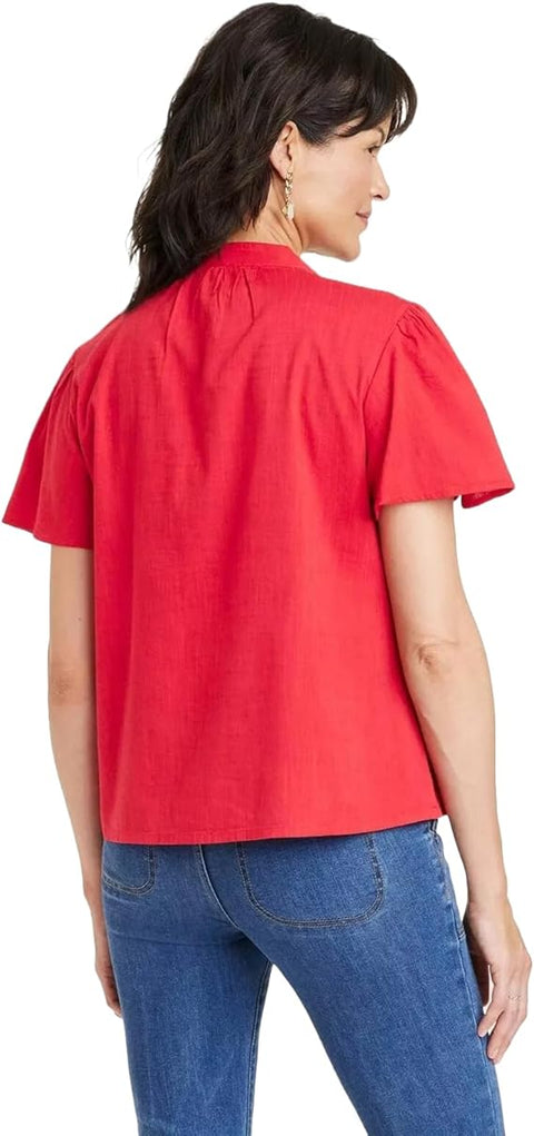 Knox Rose Women's Red Short Sleeve V-Neck Woven Eyelet Top |Knox Rose In Lebanon