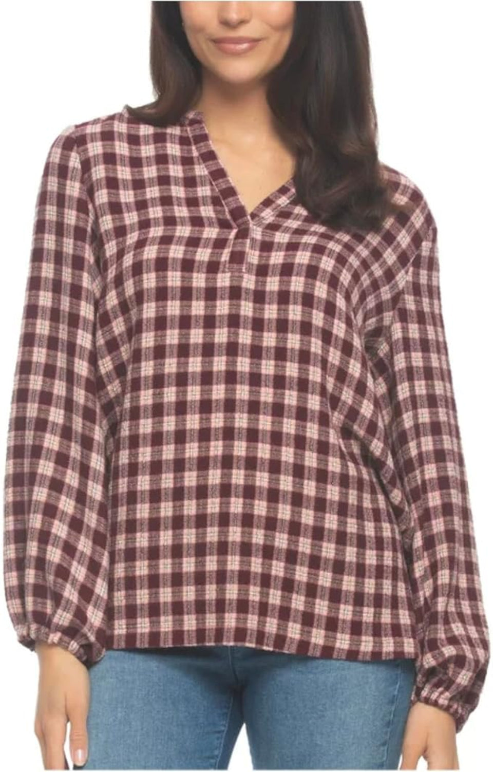 Felina Women's Burgundy Lurex Plaid Long Sleeve Blouse
