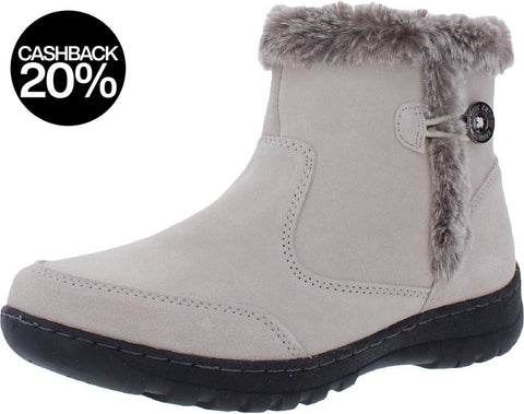 Gray winter boot with fur trim on a white background
