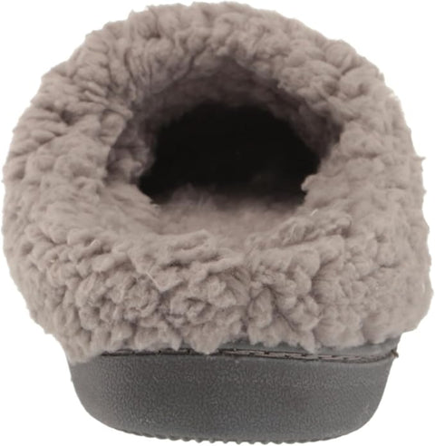 Gray fuzzy slipper with a textured sole on a white background