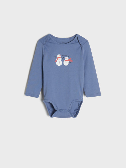 Blue baby bodysuit with snowman design on a light gray background