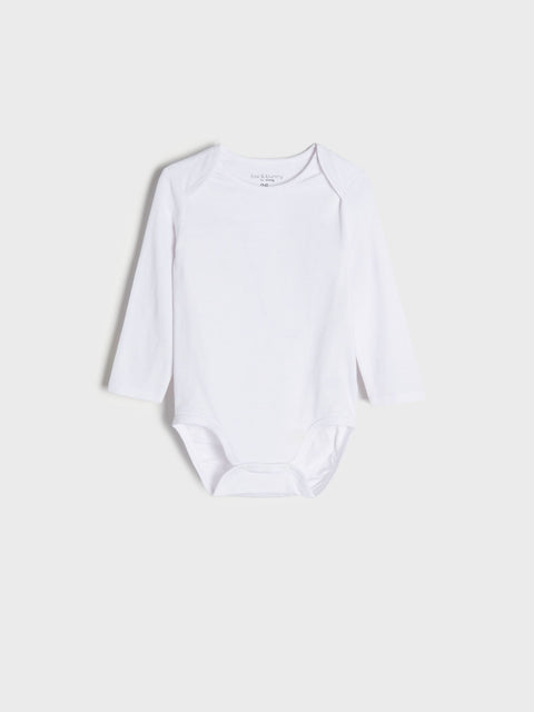 White baby bodysuit on a light gray background