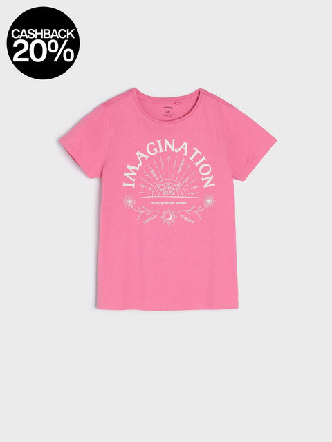 Pink t-shirt with 'Imagination is my superpower' text on a white background