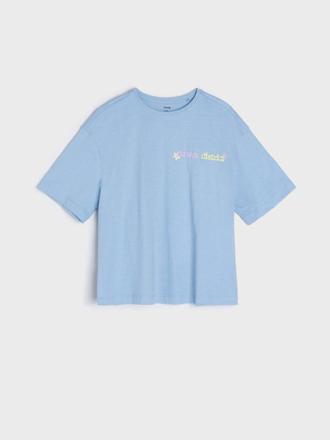 Light blue t-shirt with a logo on a light gray background