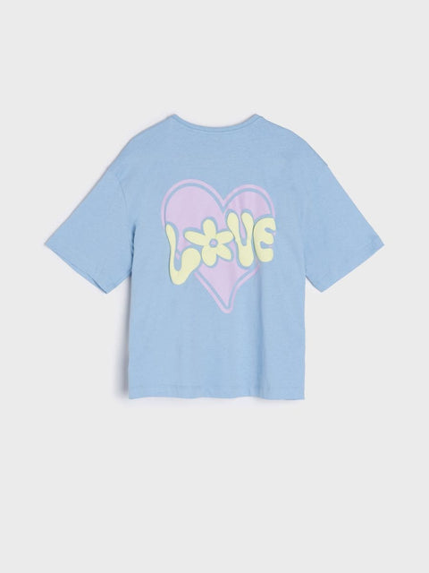 Light blue t-shirt with a colorful heart and 'LOVE' text on a light gray background