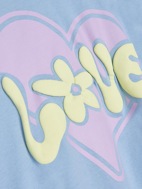 Pastel blue background with 'LOVE' in yellow and pink heart outline