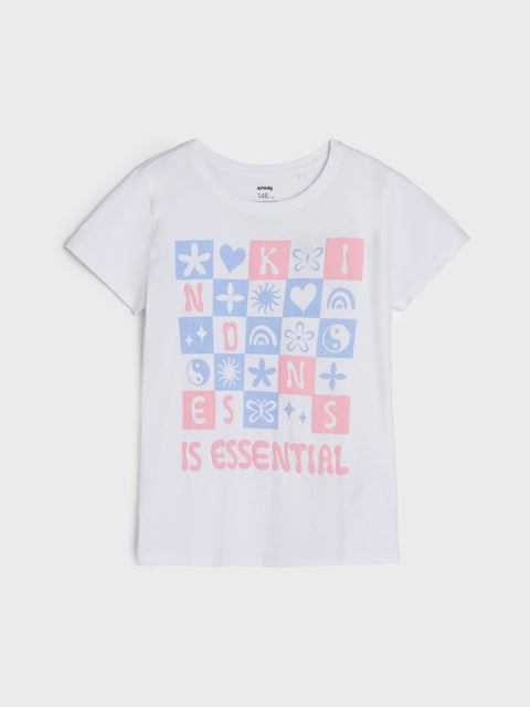 White t-shirt with colorful graphics and text on a white background
