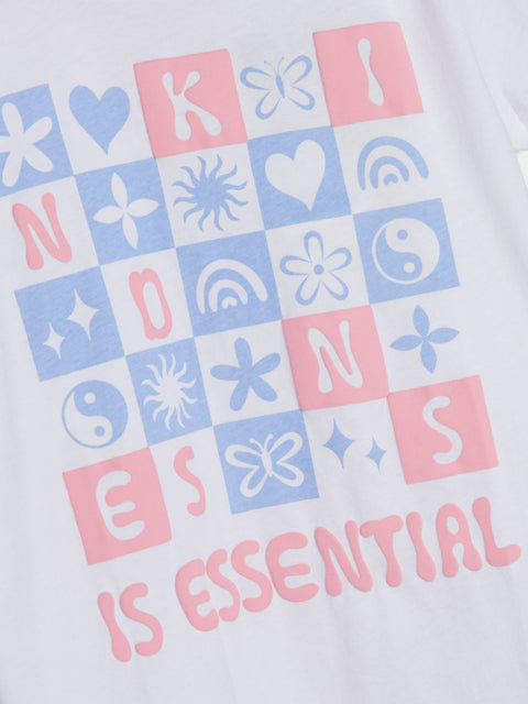 Text 'Kindness is Essential' with various symbols on a white background