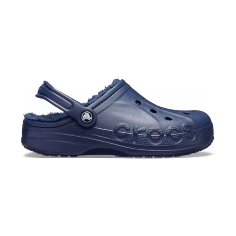 Navy blue clog shoe with fuzzy lining on a white background
