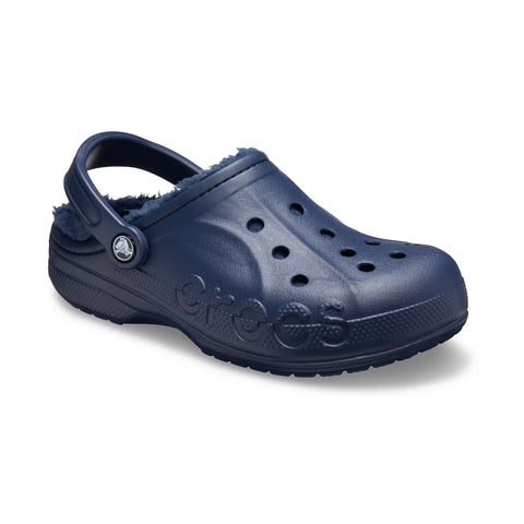 Navy blue clog shoe on a white background