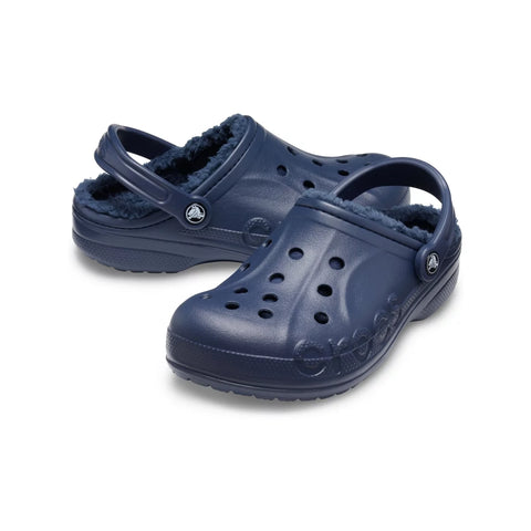 Navy blue clogs with fuzzy lining on a white background