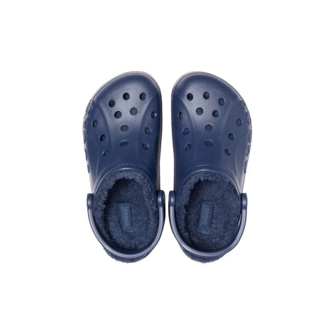 Pair of navy blue slippers with fuzzy lining on a white background