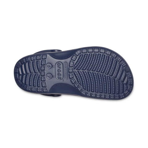 Navy blue sandal sole with brand logo on a white background