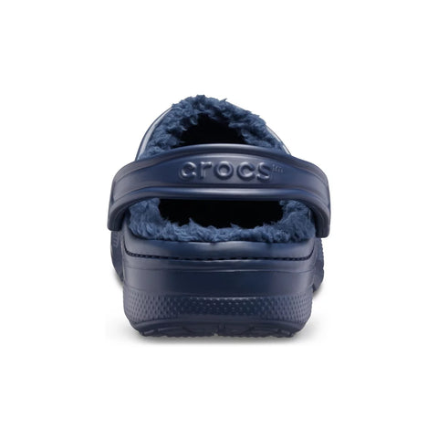 Navy blue Crocs slippers on a white background